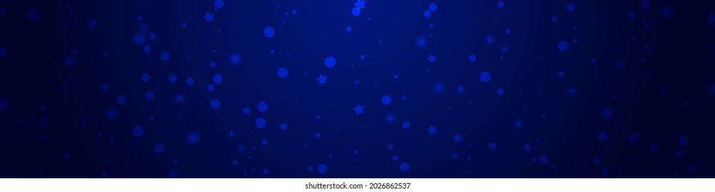 Vector de nieve Plata Fondo Azul Pnorámico. Ilustración De Confetti De Invierno Brillante. Elegante invitación a las estrellas. Tarjeta de puntos de Navidad.