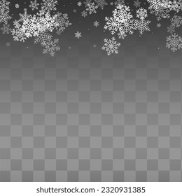 Silver Snowfall Vector Transparent Background. Light White Snowflake Wallpaper. Snow Falling Holiday.