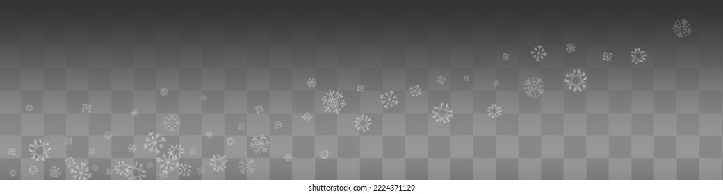 Silver Snowfall Vector Transparent Panoramic Background. Abstract Snowflake Card. Gray Xmas Wallpaper. Holiday Snow Illustration.