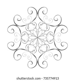 Silver snowflake. Abstract hand drawn silver snowflake in oriental style isolated on white background. Concept of greeting card design Happy New Year.