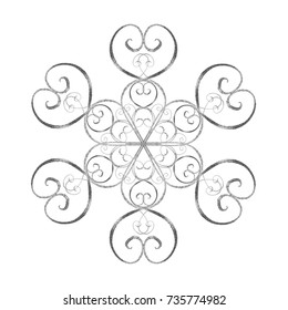 Silver snowflake. Abstract hand drawn silver snowflake in oriental style isolated on white background. Concept of greeting card design Happy New Year.