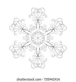 Silver snowflake. Abstract hand drawn silver snowflake in oriental style isolated on white background. Concept of greeting card design Happy New Year.