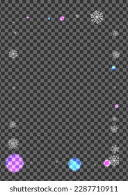 Vector transparente de fondo de copo de nieve plateado. Fotograma de enero de nieve. Blue Bling. Desenfoque negro desenfocado. Tarjeta de decoración.