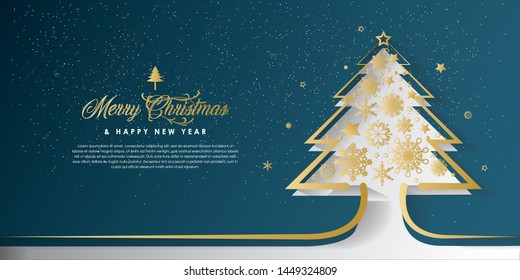 Silver snowflake Christmas tree and text Happy New Year on blue background. Holiday design, triangle snowflakes. New Year template for card, invitation, sale, web, post. Greeting card trendy design