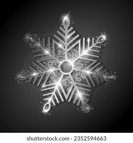 Silver snowflake with highlights and glitter on a black background for winter design. Frozen silhouette of a snowflake. Vector illustration.