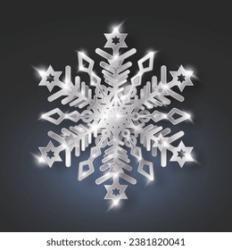 Silver snowflake with highlights and glitter on a dark background for winter design. Frozen silhouette of a snowflake with highlights and sequins, a symbol of Christmas and New Year. Vector EPS 10.