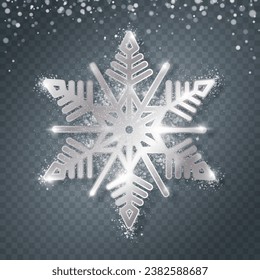 Silver snowflake with highlights and glitter on a transparent background for winter design. Christmas New Year element. Frozen silhouette of a snowflake with highlights and sequins, a symbol of winter