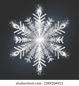 Silver snowflake with highlights and glitter on a dark graphite background for winter design. Frozen silhouette of a snowflake with highlights and sequins, a symbol of Christmas and New Year. Vector