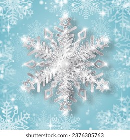 Un copo de nieve plateado con luces y secuencias sobre un fondo de invierno azul. Silueta congelada de un copo de nieve con resaltados y secuencias, un símbolo de Navidad y Año Nuevo. Ilustración vectorial.