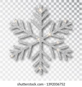 Silver snowflake isolated on a transparent background. Christmas decoration, covered bright glitter. Silver glitter texture snowflake isolated. Xmas ornament silver snow with bright sparkle.