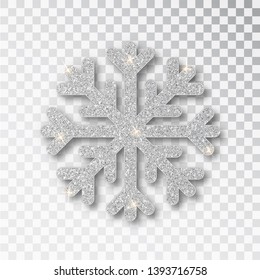 Silver snowflake isolated on a transparent background. Christmas decoration, covered bright glitter. Silver glitter texture snowflake isolated. Xmas ornament silver snow with bright sparkle.