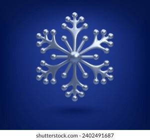 Silver snowflake on a blue background. 3d vector realistic icon of ice crystal. Christmas and New Year decoration, symbol of winter season, cold, frost. Design element for meteorology, weather report