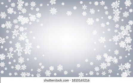 Silver Snowflake Panoramic Vector Gray Background. Xmas Snowfall Illustration. White Holiday Pattern. Fantasy Snow Transparent.