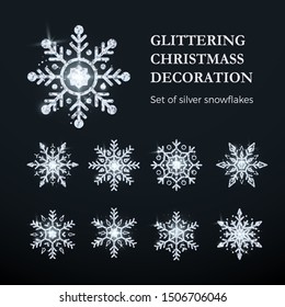 Silver Snowflake Set. Christmas decoration element. Shiny silver luxury flake. Vector illustration isolated on transparent background