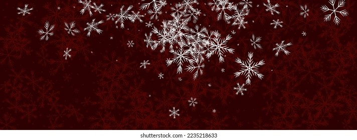 Silver Snowflake Vector Panoramic Red Background. New Snowfall Pattern. Gray Sky Illustration. Winter Snow Holiday.