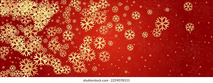 Silver Snowflake Vector Panoramic Red Background. Holiday Snowfall Backdrop. Gray Fantasy Illustration. Christmas Snow Texture.