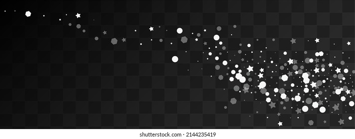 Silver Snowflake Vector Panoramic Transparent Background. Overlay Xmas Dots Banner. Magic Flake Design. Subtle Stars Pattern.