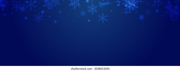 Vector de copo de nieve Plata Fondo Panorámico Azul. Textura De Puntos De Bokeh Brillantes. Patrón Flake sutil. El telón de fondo de la nevada de invierno.