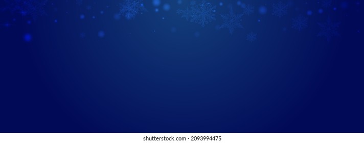 Silver Snowflake Vector Pnoramic Blue Background. Shiny Elegant Snowstorm Pattern. Festive Confetti Wallpaper. Shine Snow Banner.