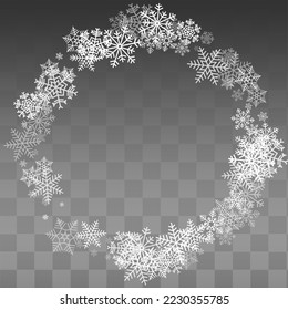 Silver Snowflake Vector Transparent Background. Xmas White Snow Wallpaper. Snowfall Fantasy Texture.