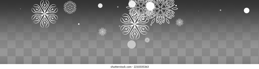Vector de copo de nieve Plata Fondo Panorámico Transparente. Tarjeta de Nieve de Navidad. Pancarta de Resumen Gris. Diseño de nevadas de invierno.
