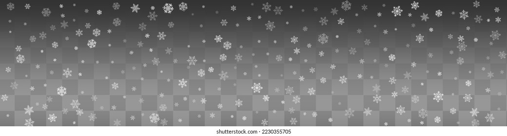 Silver Snowflake Vector Transparent Panoramic Background. Falling White Snowfall Holiday. Snow Light Banner.