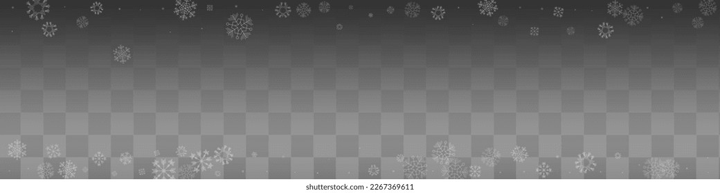 Silver Snowflake Vector Transparent Panoramic Background. Light Snowfall Texture. Gray Christmas Wallpaper. Fantasy Snow Illustration.