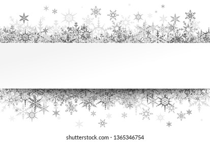 silver snowflakes behind empty white banner frame for christmas winter greetings on white background