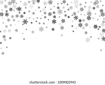 Silver snowflakes falling winter vector background. Grey scale snow flakes macro illustration, water freezing parts, snow elements, flakes confetti scatter. Cold weather symbols on white background.