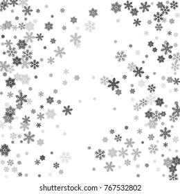 Silver snowflakes falling winter vector background. Grey scale snow flakes macro illustration, water freezing parts, snow elements, flakes confetti scatter. Cold weather symbols on white background.