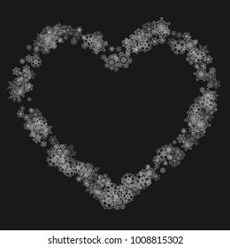 Silver snowflakes frame on black background. Winter window. Shiny Christmas and New Year frame for gift certificate, ads, banners, flyers. Falling snow with glitter silver snowflakes for party invite