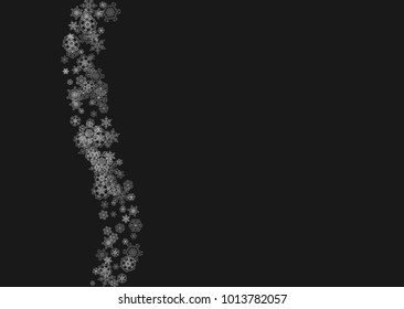 Silver snowflakes frame on black background. Horizontal shiny Christmas and New Year frame for gift certificate, ads, banners, flyers. Falling snow with glitter silver snowflakes for party invite