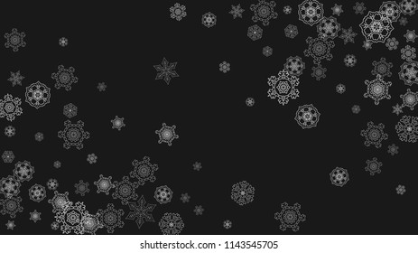Silver snowflakes frame on black background. Horizontal shiny Christmas and New Year frame for gift certificate, ads, banners, flyers. Falling snow with glitter silver snowflakes for party invite