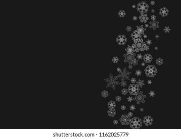Silver snowflakes frame on black background. Horizontal shiny Christmas and New Year frame for gift certificate, ads, banners, flyers. Falling snow with glitter silver snowflakes for party invite