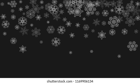 Silver snowflakes frame on black background. Horizontal shiny Christmas and New Year frame for gift certificate, ads, banners, flyers. Falling snow with glitter silver snowflakes for party invite