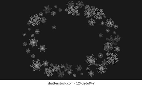 Silver snowflakes frame on black background. Horizontal shiny Christmas and New Year frame for gift certificate, ads, banners, flyers. Falling snow with glitter silver snowflakes for party invite