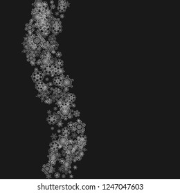 Silver snowflakes frame on black background. Winter window. Shiny Christmas and New Year frame for gift certificate, ads, banners, flyers. Falling snow with glitter silver snowflakes for party invite