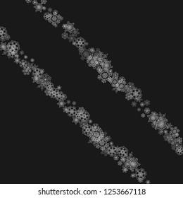 Silver snowflakes frame on black background. Winter window. Shiny Christmas and New Year frame for gift certificate, ads, banners, flyers. Falling snow with glitter silver snowflakes for party invite