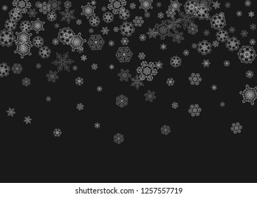 Silver snowflakes frame on black background. Horizontal shiny Christmas and New Year frame for gift certificate, ads, banners, flyers. Falling snow with glitter silver snowflakes for party invite