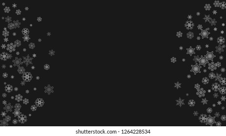 Silver snowflakes frame on black background. Horizontal shiny Christmas and New Year frame for gift certificate, ads, banners, flyers. Falling snow with glitter silver snowflakes for party invite