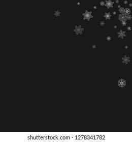 Silver snowflakes frame on black background. Winter window. Shiny Christmas and New Year frame for gift certificate, ads, banners, flyers. Falling snow with glitter silver snowflakes for party invite