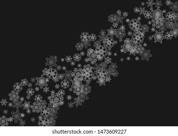 Silver snowflakes frame on black background. Horizontal shiny Christmas and New Year frame for gift certificate, ads, banners, flyers. Falling snow with glitter silver snowflakes for party invite