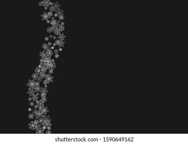 Silver snowflakes frame on black background. Horizontal shiny Christmas and New Year frame for gift certificate, ads, banners, flyers. Falling snow with glitter silver snowflakes for party invite