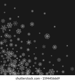 Silver snowflakes frame on black background. Winter window. Shiny Christmas and New Year frame for gift certificate, ads, banners, flyers. Falling snow with glitter silver snowflakes for party invite