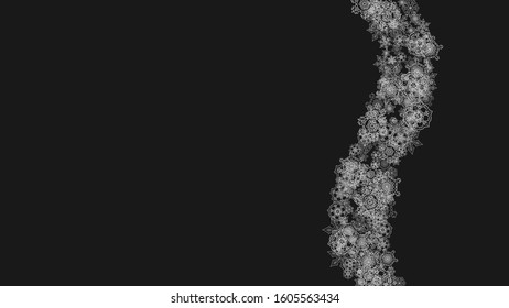 Silver snowflakes frame on black background. Horizontal shiny Christmas and New Year frame for gift certificate, ads, banners, flyers. Falling snow with glitter silver snowflakes for party invite
