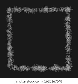 Silver snowflakes frame on black background. Winter window. Shiny Christmas and New Year frame for gift certificate, ads, banners, flyers. Falling snow with glitter silver snowflakes for party invite