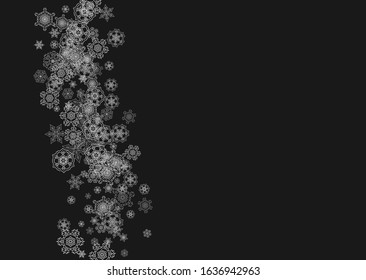 Silver snowflakes frame on black background. Horizontal shiny Christmas and New Year frame for gift certificate, ads, banners, flyers. Falling snow with glitter silver snowflakes for party invite