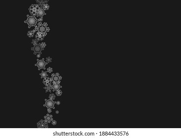 Silver snowflakes frame on black background. Horizontal shiny Christmas and New Year frame for gift certificate, ads, banners, flyers. Falling snow with glitter silver snowflakes for party invite