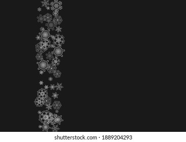 Silver snowflakes frame on black background. Horizontal shiny Christmas and New Year frame for gift certificate, ads, banners, flyers. Falling snow with glitter silver snowflakes for party invite