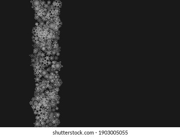 Silver snowflakes frame on black background. Horizontal shiny Christmas and New Year frame for gift certificate, ads, banners, flyers. Falling snow with glitter silver snowflakes for party invite